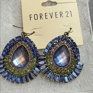 Forever 21 Blue and Green Teardrop Statement Earrings with Faceted Center